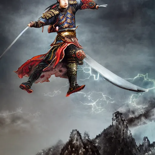 Prompt: ancient ink painting of a chinese warrior in clothes with a broadsword jump and hit the chinese dragon down hard, dark cloud and lightning on the grounddramatic lighting, cg, whole body, extremely detailed, octane render, 8 k, sophisticated