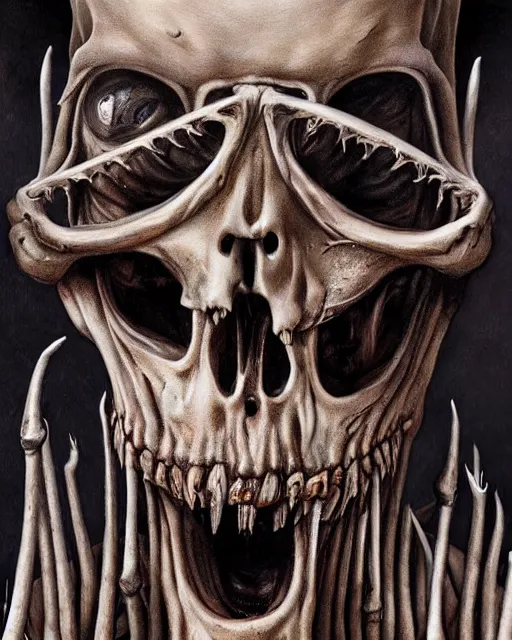 Prompt: Haunting horrifying hyperrealistic detailed painting of a tall slim surreal extraterrestrial creature made of skeleton bones covered in thick black blood, heavy metal, metal album cover, disgusting, creepy, unsettling, and bloodshot eyeballs, hyper detailed, trending on Artstation