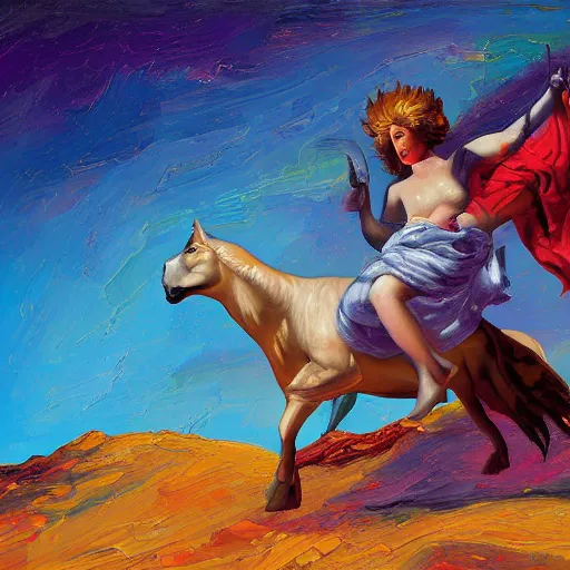 Image similar to a beautiful impasto oil painting of europa riding on zeus as a taurus by andy warholl, digital art