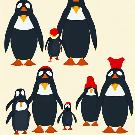 Image similar to A children's cartoon illustration of a penguin family, a mom penguin, dad penguin, an older sister penguin and a baby brother penguin, highly detailed, trending on artstation,