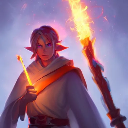 Prompt: Link wearing tattered robes holding a glowing fire magical staff. Trending on Artstation, octane render, ultra detailed, art by Ross tran