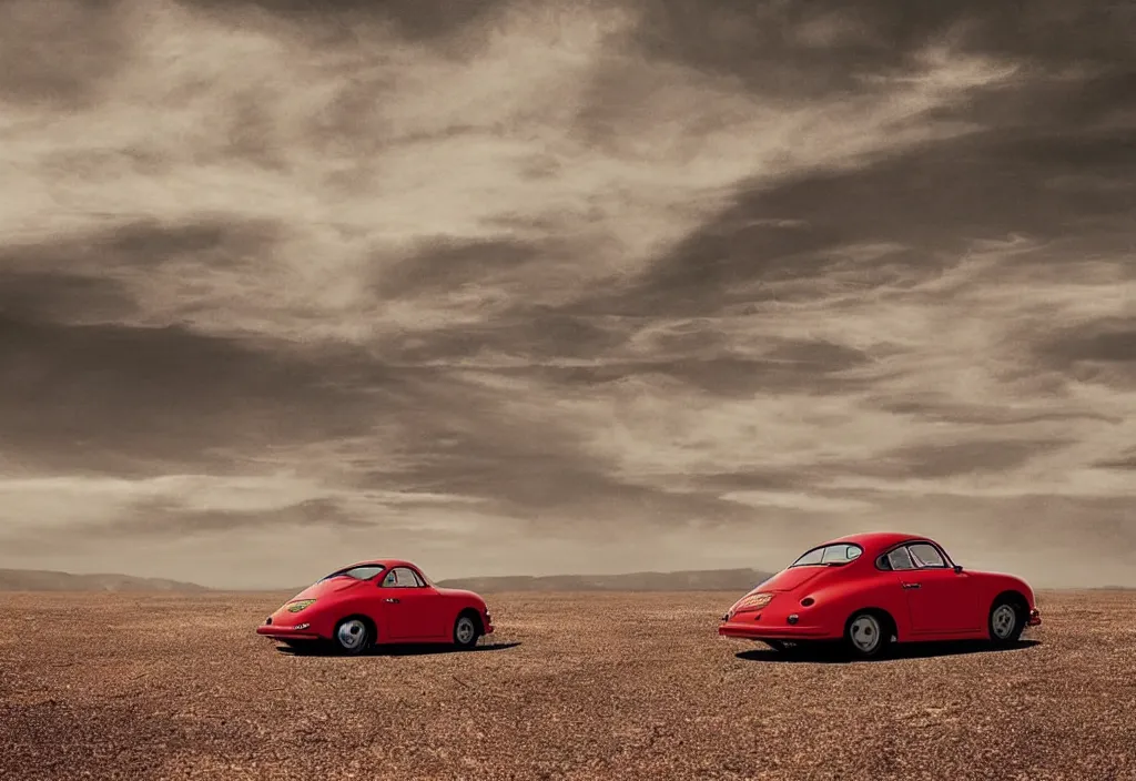 Prompt: “a single red porsche 356 is parked in the middle of the desert, a matte painting by Scarlett Hooft Graafland, featured on unsplash, australian tonalism, anamorphic lens flare, cinematic lighting, rendered in unreal engine”