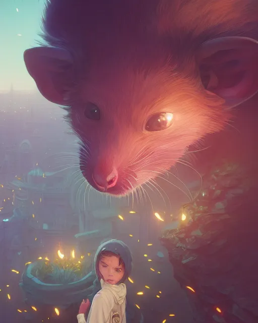 Image similar to highly detailed vfx portrait of a rat looking at you, unreal engine, greg rutkowski, loish, rhads, beeple, makoto shinkai and lois van baarle, ilya kuvshinov, rossdraws, tom bagshaw, alphonse mucha, global illumination, detailed and intricate environment