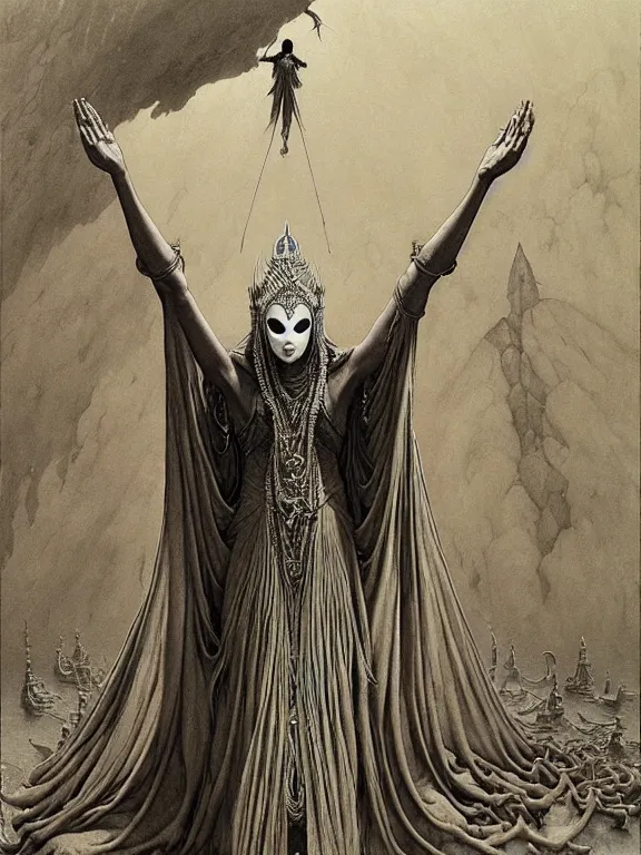 Image similar to soaring woman wearing a giant mask with many thick long blades behind head. dressed in a long robe with wide sleeves and making namaste / anjali mudra gesture. highly detailed, symmetric, concept art, masterpiece, fantasy art, hyperdetailed, hyperrealism, art by zdzisław beksinski, arthur rackham, dariusz zawadzki