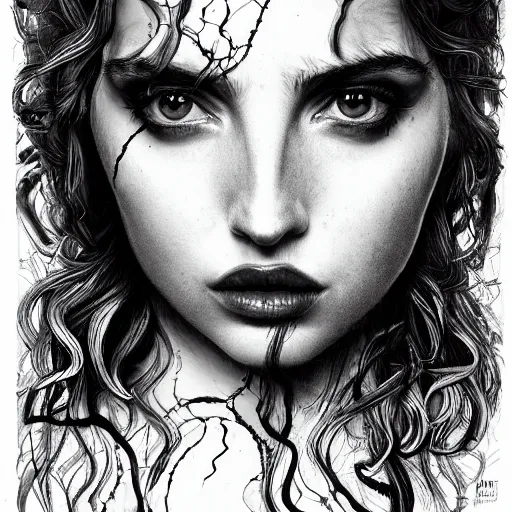 Image similar to ana de armas portrait as medusa from greek mythology, living venomous snakes in place of hair, ink drawing,, hyperdetailed, 8 k realistic, trending on artstation, by alphonso dunn and rob plater and miles yoshida