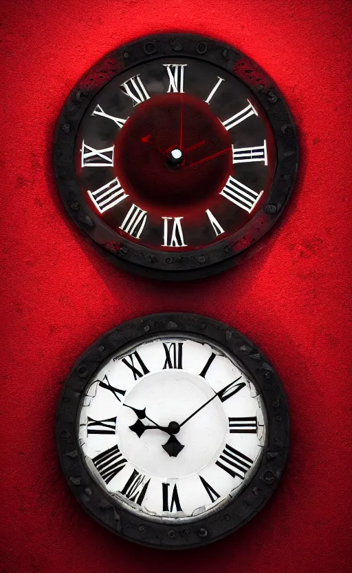 Prompt: a melting Roman numeral clock, behind a red and black gradient background, dynamic lighting, photorealistic fantasy concept art, trending on art station, stunning visuals, cinematic, creative, ultra detailed