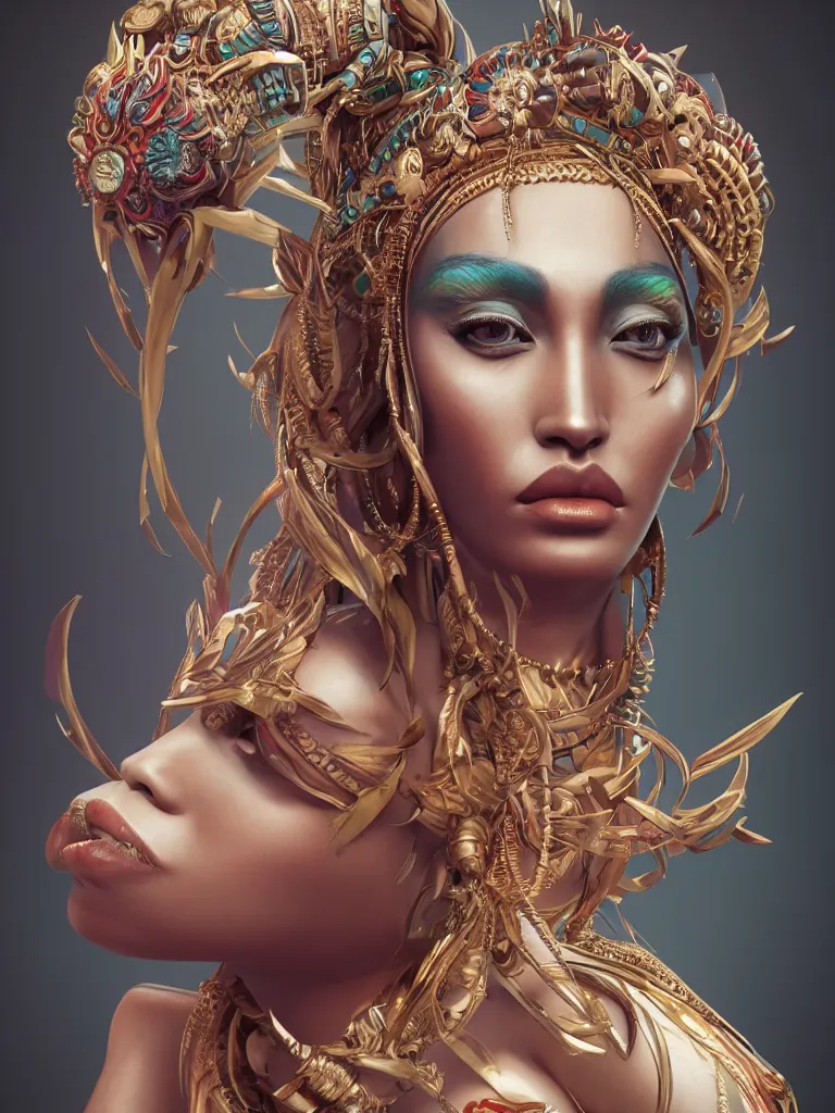 Prompt: a centered render of an alluring tribal goddess, full body, gorgeous face, perfect face, powerful, by anna dittmann, 3 d, trending on artstation, octane render, 8 k