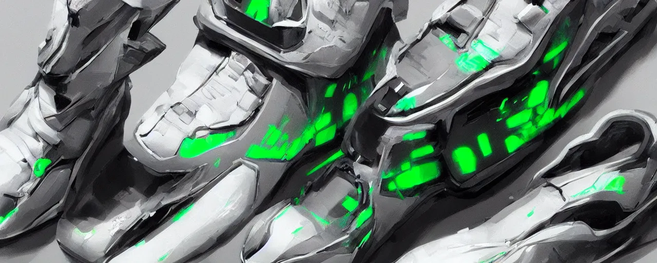 Prompt: looking at the side of a futuristic sneaker from Rebok, art by Gerald Parel, trending on Artstation, hightop, black and white, leather, suede, chrome, green neon, green lasers, photorealism, hyperrealism artstation