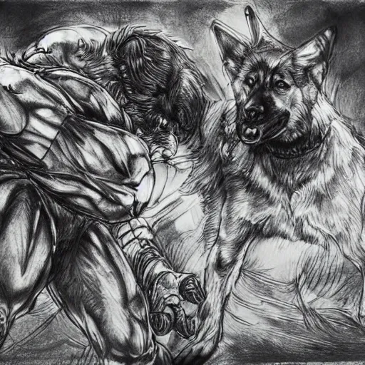 Image similar to a humanoid german shepherd beast - man wrestling with another german shepherd in the middle of an arena, pencil art, added detail, high definiton, colored, aerial viewyoji shinkawa