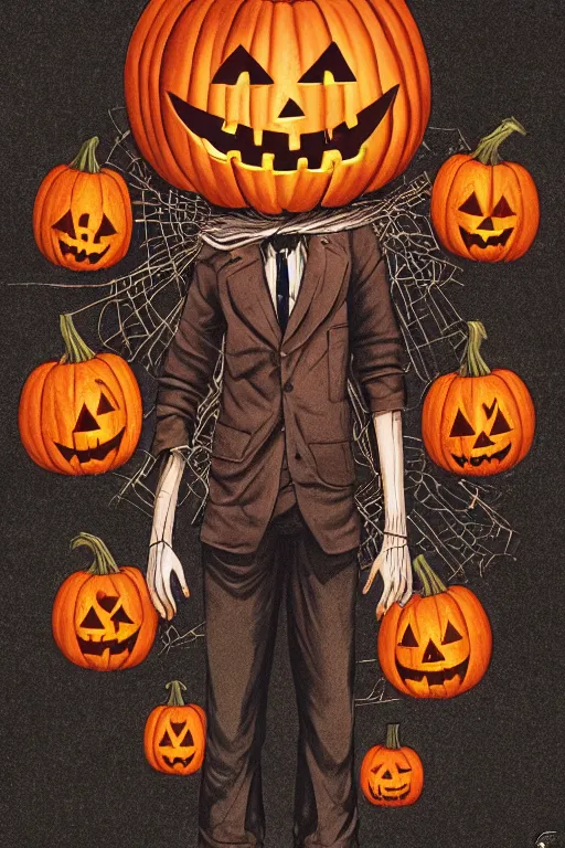 Image similar to a scarecrow with jack - o - lantern head, full body, big two toned eyes, halloween, horror, intricate details, cinematic, epic, realistic, anatomy, tomer hanuka, uplight, artstation, photorealistic, scary