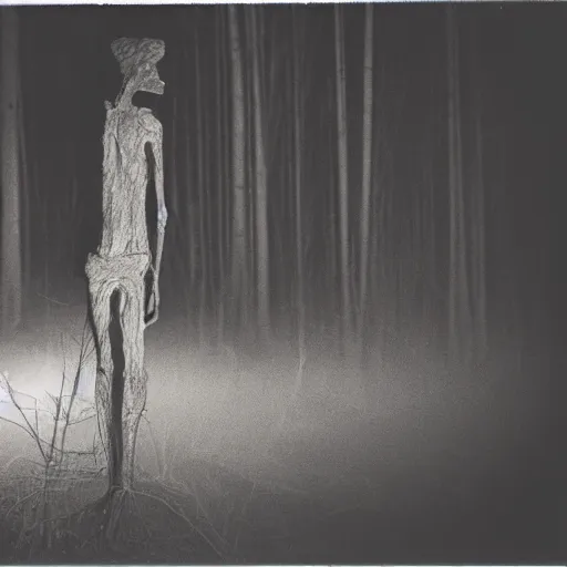 Image similar to tall skinny humanoid creature in a dark forest at night, extremly detailed, black and white polaroid, 8 k, sharp focus