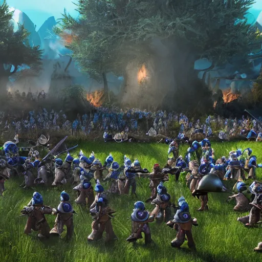 Prompt: thousands of smurfs with medieval weapons battling on an epic battlefield with medieval, moon shining golden light, miniaturecore, supremely digital, medieval, unreal engine, super detailed, outstanding detail, dreamlike lighting, god rays