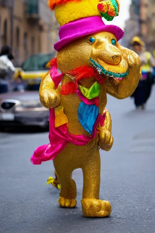 Image similar to An anthro anthropomorphic lion wearing a brightly coloured hat and silk scarf, proudly walking down the street, happy, joyful, in the style of Arthur Thiele