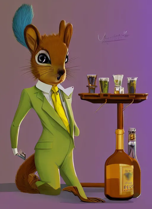 Prompt: squirrel anthro as a dapper bartender with a big fluffy tail, retro futurism, art deco, detailed painterly digital art by Cory Loftis WLOP, 🐿🍸🍋, furaffinity, trending on artstation