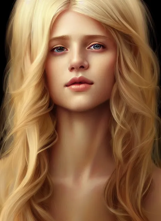 Image similar to beautiful feminine face! portrait of young woman blessed by god with ever - increasing physical and mental perfection, blonde hair, symmetrical! intricate, elegant, highly detailed, vision of holy perfection!! smile, digital painting, artstation, concept art, smooth, sharp focus, illustration, art by artgerm and greg rutkowski and alphonse mucha