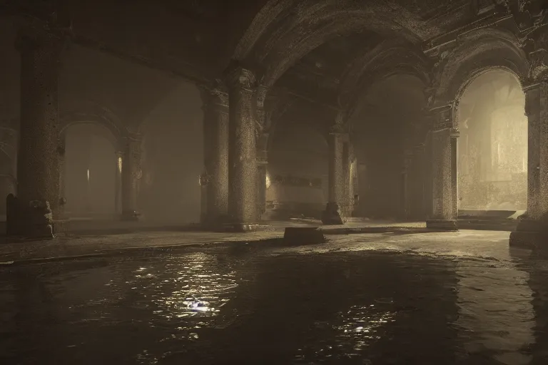 Prompt: dark pool in dark old citadel basement, low key, hyper realistic, ambient lighting, concept art, intricate, hyper detailed, smooth, dynamic volumetric lighting, octane, raytrace, cinematic, high quality, high resolution, 4 k, cgsociety, rutkowski, gurney