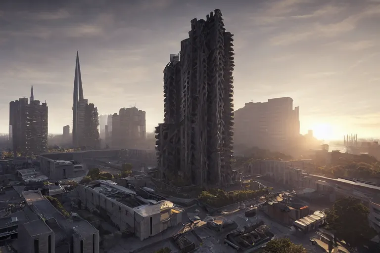 Image similar to streetscape, a towering cathedral of brutalist architecture, buildings covered with greebles, stunning volumetric light, sunset, metal, concrete and translucent material, stunning skies, majestic landscape, trending on Artstation, 8k, photorealistic, hyper detailed, unreal engine 5, IMAX quality, cinematic, epic lighting, in the style of Greg Rutkowski