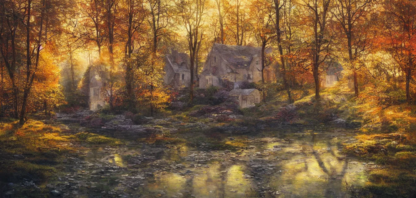 Image similar to a painting of sparse stone cottages underneath a dense tall forest, with pristine reflex from cascading ponds. gorgeous, elegant, sophisticated, an ultrafine painting, intricate brush strokes, bright depth oil colors, photography by araken alcantara. intense promiseful illumination, autumn sunrise warm light, detailed and intricate environment of hopeful bodyscapes