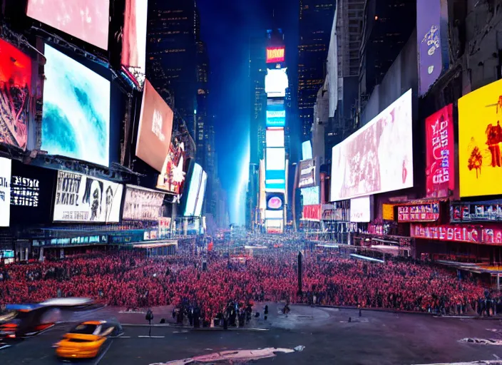 Image similar to film still of the moon shattering into pieces over time square in the new disaster movie, 8 k, night time