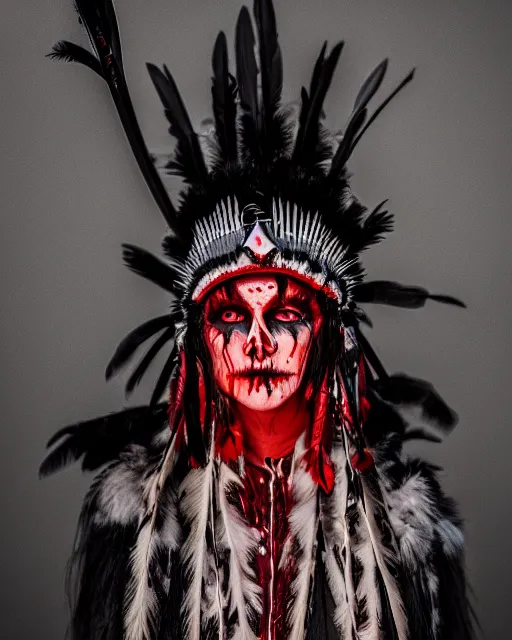 Image similar to the ghost - spirit of the grim - warpaint wears the scarlet skull armor and native blood headdress feathers, midnight fog - mist!, cinematic lighting, various refining methods, micro macro autofocus, ultra definition, award winning photo