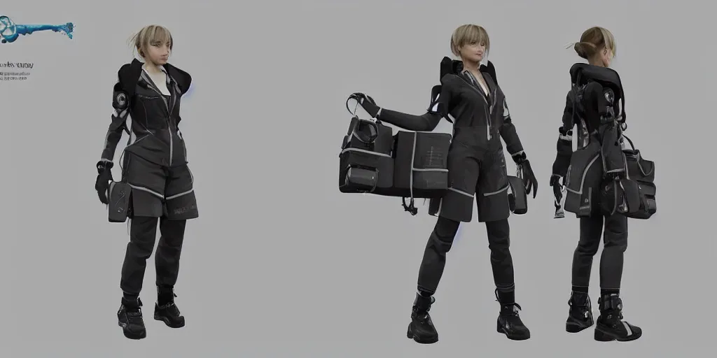 Image similar to a woman in scientist's jacket with a system of straps and pouches for collecting material by Tetsuya Nomura, trending on artstation and pixiv clean sci-fi concept art and sheet that using unreal engine 5 render and hyper detailed 3D texture with cinematic software light