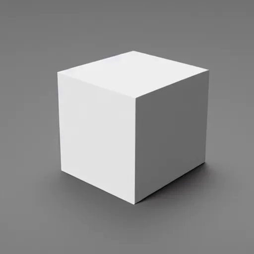 Prompt: a white cube on a black hard surface. perspective view. light from right side