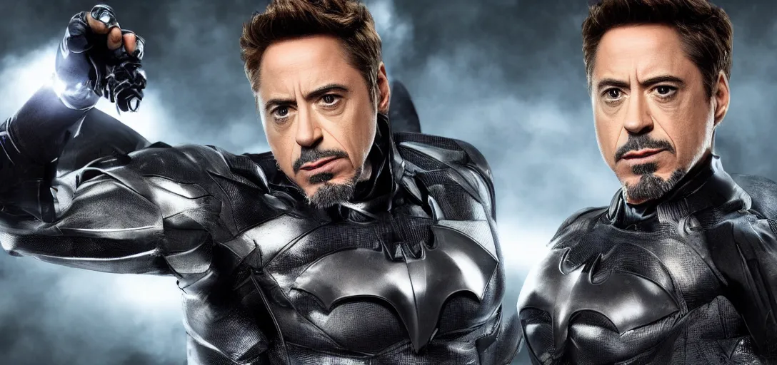 Image similar to robert downey jr in batman suit, portrait hd, without helmets 4 k, clear face,