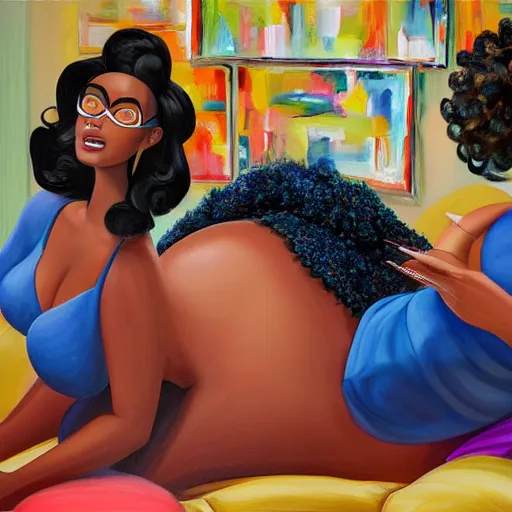 Image similar to photorealistic, stunning, coherent, beautiful painting, still of a group of black bbw models taking a picture of each other posing in the same bed , they are all laying down, one of them is on the phone with her boyfriend , 3d, in the style of pixar, smooth, 3d, highly detailed, highly detailed, sharp focus, bokeh, depth of field, 16k resolution, Unreal Engine 5, coherent, cinematic lighting, photorealistic