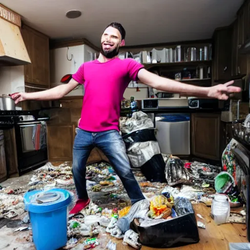 Image similar to photo of a man dancing in the kitchen, full of trash, garbage, shutterstock, getty images, istockphoto,