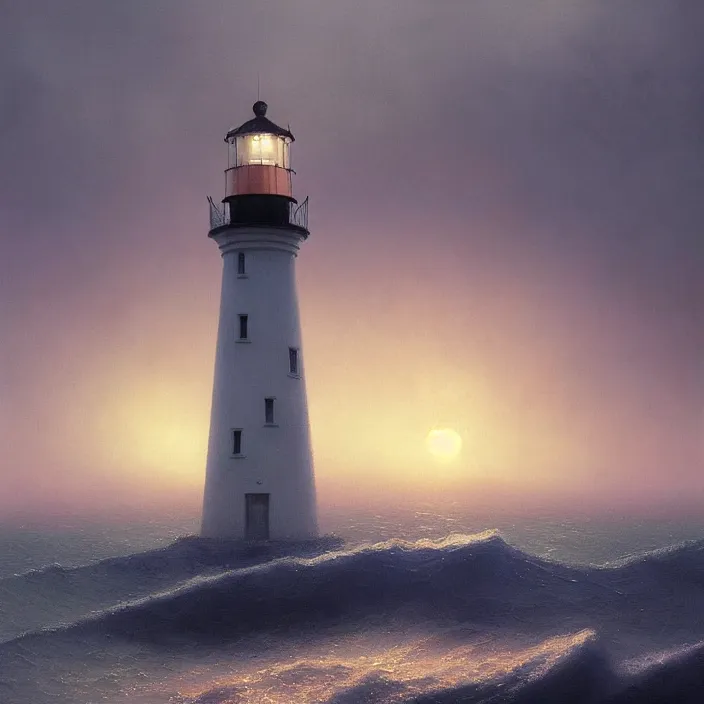 Prompt: a beautiful painting of a lighthouse on the sea, sunset by ivan aivazovsky and zdzisław beksinski and rene magritte and greg rutkowski and james gurney, in style of digital art. hyper detailed, sharp focus, soft light. octane render. maya. ray tracing. trending on artstation