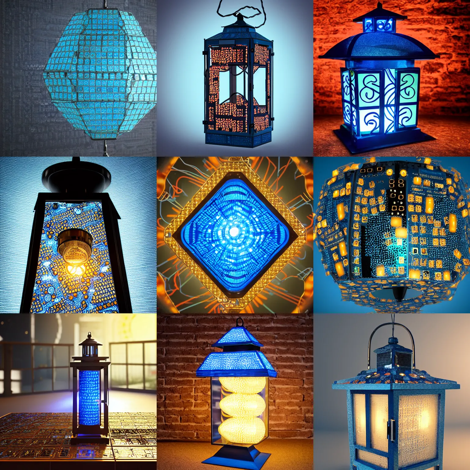 Prompt: lantern made of circuit boards, product photo, highly detailed, soft blue light, unreal engine, 4 k