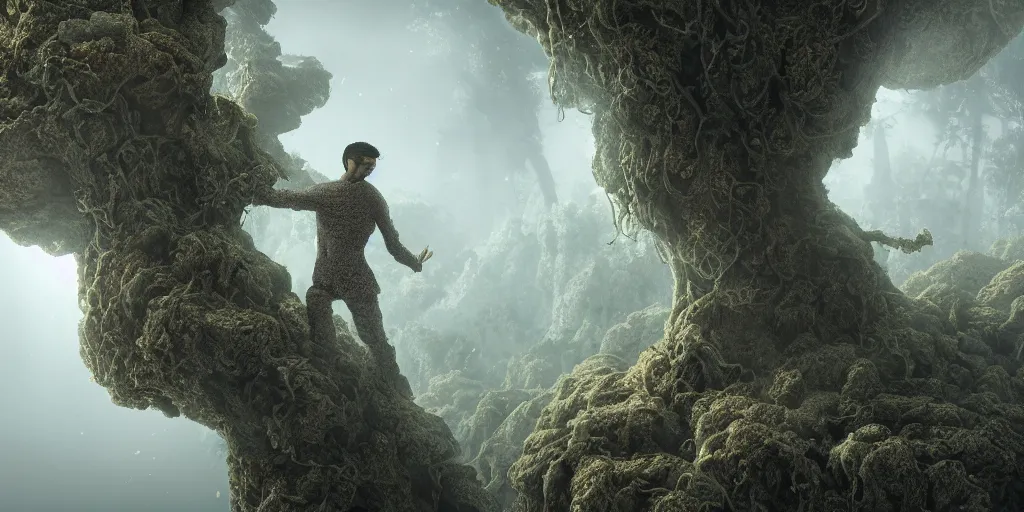 Image similar to Photorealistic intricate detailed picture of a levitating floating man made out of fungus tendrils, with arms outstretched. a gentle rising mist, an epic rocky landscape. occult photorealism, UHD, amazing depth, glowing, golden ratio, 3D octane cycle unreal engine 5, volumetric lighting, cinematic lighting, cgstation artstation concept art