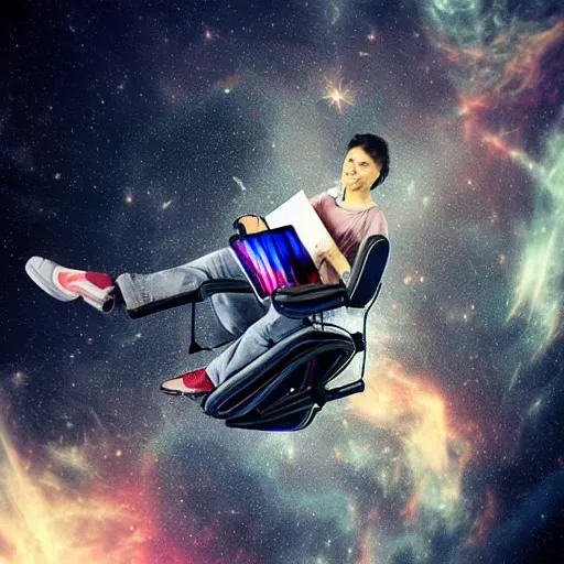 Prompt: impressive photography of gaming chairs flying through space, moody, colorful