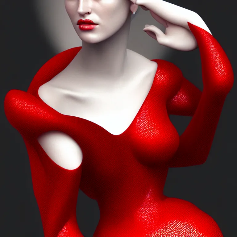 Image similar to epic professional digital art portrait of gorgeous thin white woman with perfect face in armoured red dress, detailed, by wayne haag, reyna rochin, iris van herpen, artstation, cgsociety, epic, stunning, gorgeous, much wow.