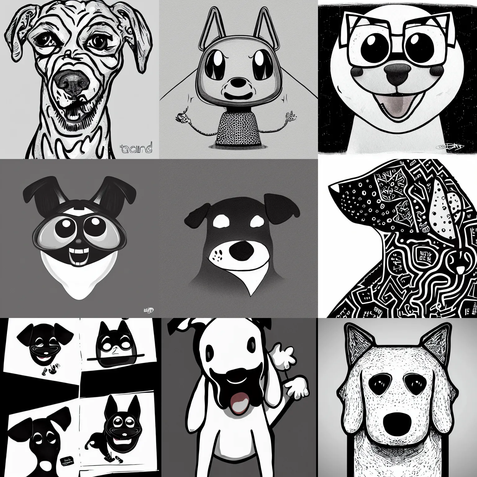 Prompt: funny dog illustration, black line art on white background, black and white, behance, devianart, artstation, dribble, creary, ello, cgsociety, drawcrowd, pixiv, concept art world, our art corner, newgrounds, doodle addicts, penup