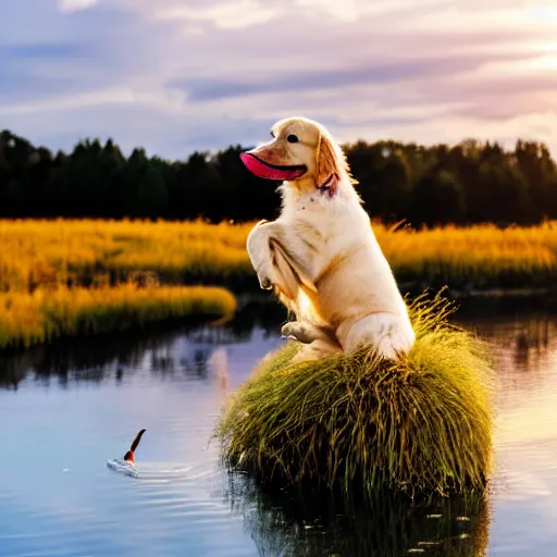 Image similar to a golden retriever puppy riding on the back of a swan, near a pond, flowers everywhere, golden hour, beautiful landscape,
