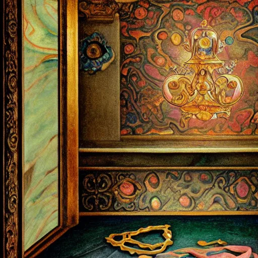 Prompt: still life renaissance pastel painting of a room with a marbled pedestal displaying an ancient holy artifact lotus, chromed and ornate with gentle iridescent shine from within. perspective from the side. realistic light and shadows. moody final fantasy concept art