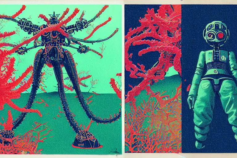 Image similar to risograph grainy drawing vintage sci - fi, satoshi kon color palette, gigantic gundam full - body covered in iridescent dead coral reef 1 9 6 0, kodak, with lot tentacles, natural blue - green colors, codex seraphinianus painting by moebius and satoshi kon and dirk dzimirsky close - up portrait