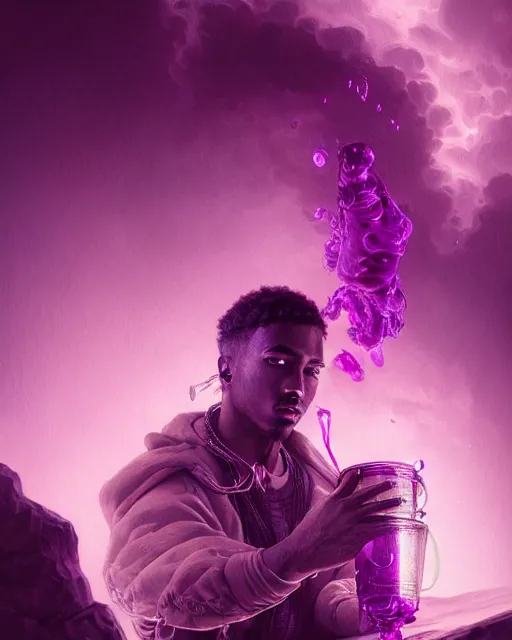 Prompt: future the rapper holding cup of codeine, accurate details, detailed face, purple liquid in cup glowing, fantasy, dramatic, intricate, elegant, highly detailed, digital painting, artstation, concept art, smooth, sharp focus, illustration, art by Gustave Dore, octane render