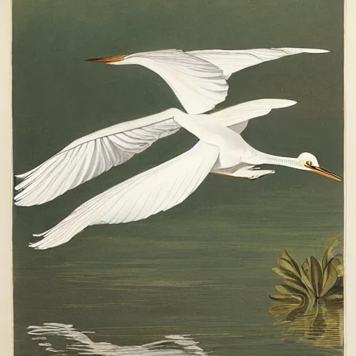 Prompt: a very very graceful flying egret, by john-audubon