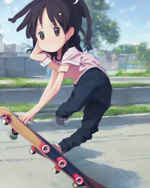 An anime girl skateboarding, doing tricks in the half