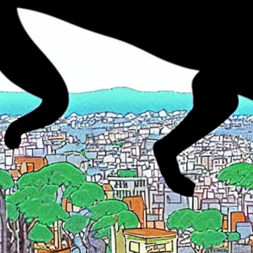 Image similar to a black cat fursona looking out over a city, Miyazaki, studio ghibli