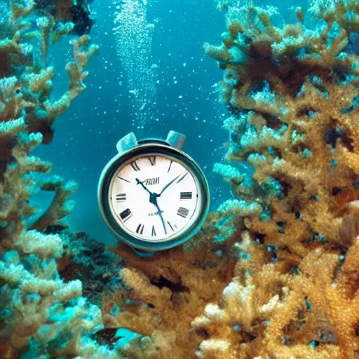 Image similar to clock underwater, award winning cyan and white photography