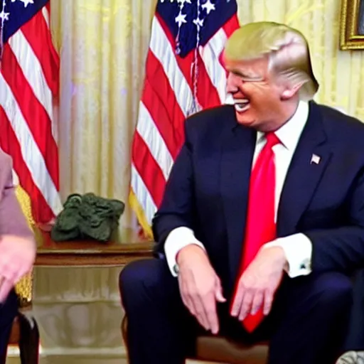 Image similar to donald trump and joe biden laughing together, taken by a bad webcam.