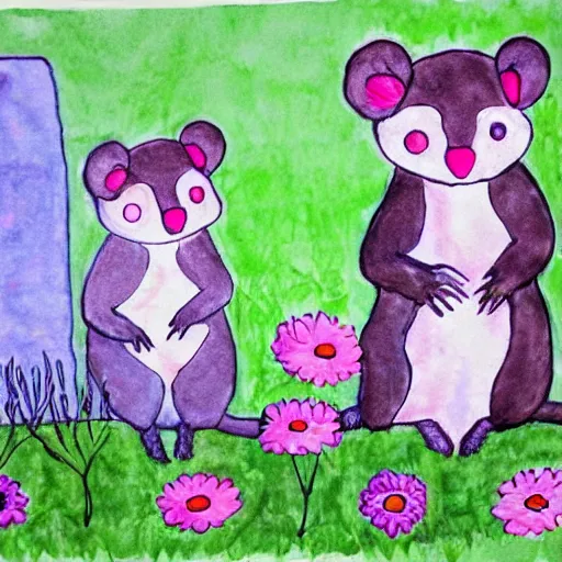 Image similar to opossum, adorable, children's art, colorful, flowers, trees, full moon