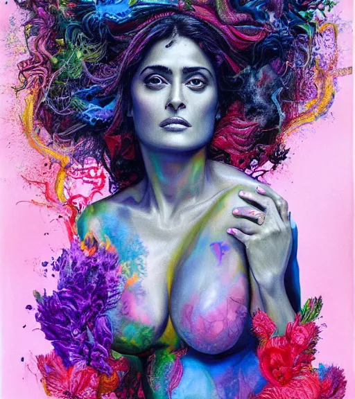 Prompt: beautiful painting of salma hayek by dariusz zawadski, contemporary, creepy, colorful acrylic, airbrush painting, realistic portrait by kehinde wiley and archan nair, colored pencil sketch, hyperrealism, pastel chalk, oilpastels