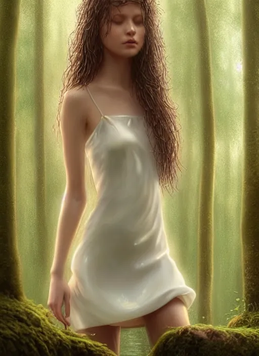 Prompt: young woman beautiful face : : wet hair and white dress : : raining forest nature : : weta disney pixar movie still photo : : decadent highly - detailed digital painting, full length shot, golden ratio, octane render, artstation, smooth, sharp focus, artgerm, mucha, loish, wlop, gogo