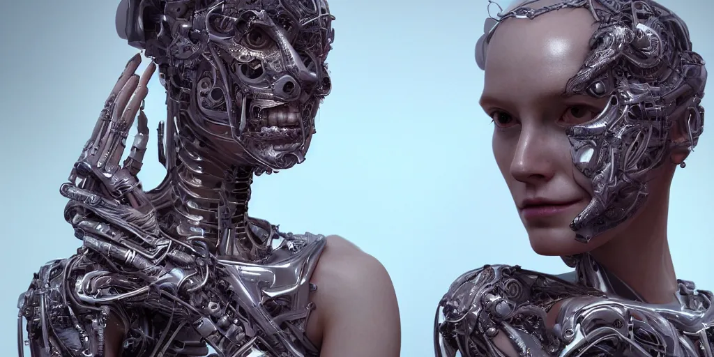 Image similar to hyper realistic photography of a beautiful cyborg female, intimate holding close, in the style of beth cavener, jin kagetsu, wlop, westworld opening scene, highly detailed, intricate filigree, symmetry, masterpiece, concept art, highkey lighting, ambient lighting, octane render, 8 k, artstation