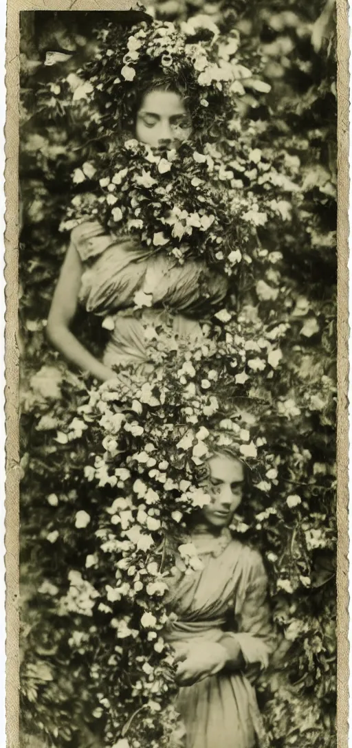 Image similar to portrait of a beautiful woman covered in flowers, Forest, ray gods, 1910 polaroid photography