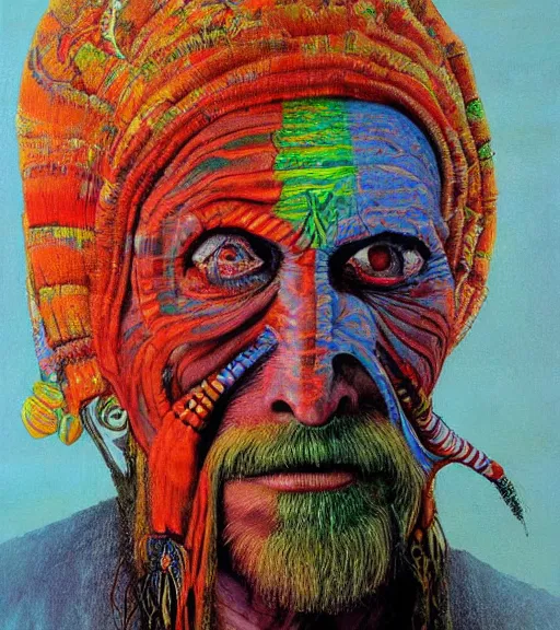 Image similar to Portrait painting in a style of Beksinski mixed with Alex Grey of an old shaman dressed in a colorful traditional clothes. psychodelic